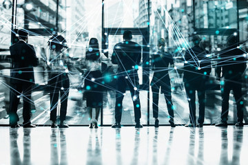 Network background concept with business people silhouette. Double exposure and network effects