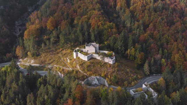 Autumn aerial view of Fort Predel, in Slovenia, at the foot of The Julian Alps