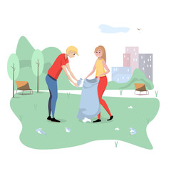 Young people collect garbage in the city Park. Volunteers. 