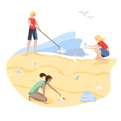 Young people cleaning garbage on beach area. Volunteers.