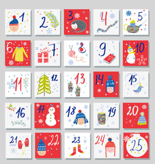 Advent calendar funny cards for kids. Vector graphic illustration