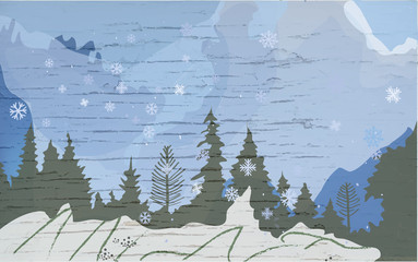 Winter landscape with hills, trees and snow for travel banner. Vector graphic illustration