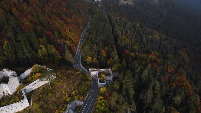 Autumn aerial view of Fort Predel, in Slovenia, at the foot of The Julian Alps