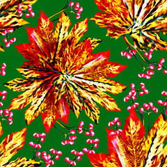 Leaves and berries illustration, seamless pattern.
