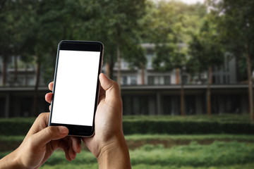 Workspace hand holding smart phone device