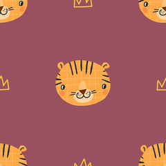 Hand drawn vector seamless pattern illustration of tigers and crowns. Scandinavian style design for kids. The concept for children's textile, wrapping, wallpaper, covers.