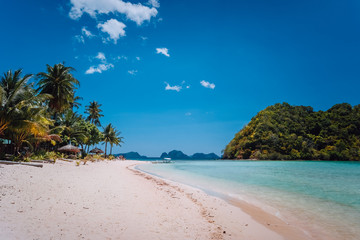 El Nido, Palawan, Philippines. Shallow lagoon, sandy beach with palm trees. Travel and vacation concept