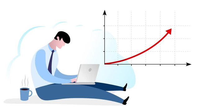 Businessman sitting and working with his laptop and diagram. Business cartoon style. Flat vector design on white background. Cloud in background. Good for illustration of economic process.