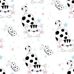 Cute hand drawn cats colorful seamless pattern background