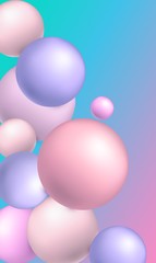 Fototapeta na wymiar Vector vertical background with colorful 3d balls. Round sphere in pastel colors or pearls on modern gradient backdrop. Abstract template for social media story, festive banner, cover.