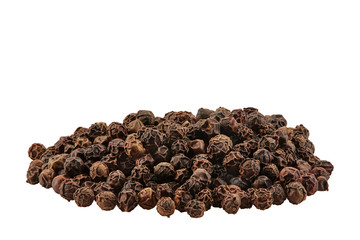 Black peppercorns isolated on white background with copy space for text or images. Spices and herbs. Packaging concept. Close-up, side view.