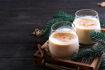 Eggnog Christmas milk cocktail with cinnamon, served in two glasses on vintage tray with fir branch on dark wooden background