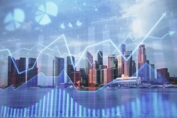 Fotobehang Forex chart on cityscape with tall buildings background multi exposure. Financial research concept. © peshkova