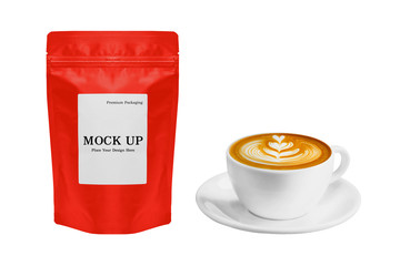 Premium Coffee Packaging Mock up Red Bag and a cup of coffee latte art isolated on white background with clipping path