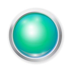 Vector realistic green shiny plastic button with patch of light and metal elements isolated on white background. 3D illustration.