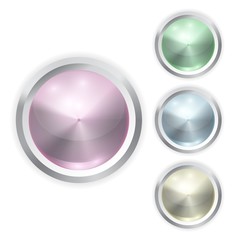 Set of vector realistic color glass button with metal frame, patch of light isolated on white background. 3D illustration.