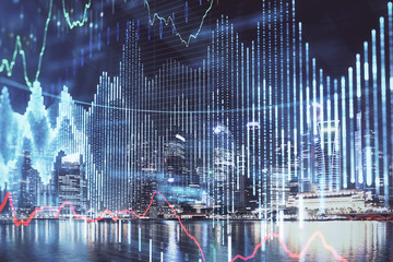 Financial chart on city scape with tall buildings background multi exposure. Analysis concept.