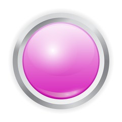 Vector realistic purple plastic button with metal frame isolated on white background. 3D illustration.