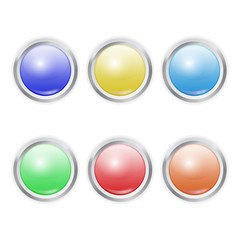 Set of Vector realistic colorful plastic button with patch of light isolated on white background. 3D illustration.