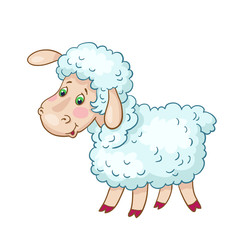 Little funny lamb stands isolated on white background. In cartoon style. Vector illustration.