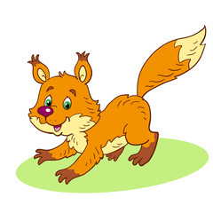 Little, funny squirrel on the glade. Isolated on a white background. In cartoon style.