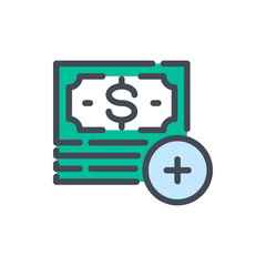 Add money to account color line icon. Dollar notes with plus button vector outline colorful sign.