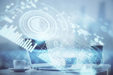 Multi exposure of business theme icons and table with computer background. Concept of success.