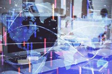 Multi exposure of business theme icons and table with computer background. Concept of success.