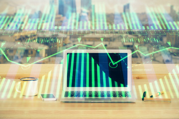 Technology theme drawing and table with computer. Double exposure. Concept of information.