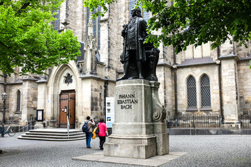 Statue of Johann Sebastian Bach near Thomaskirche St. Thomas Church in Leipzig, Germany. May 2014