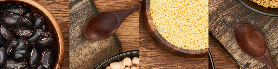 collage of different organic groats on wooden surface