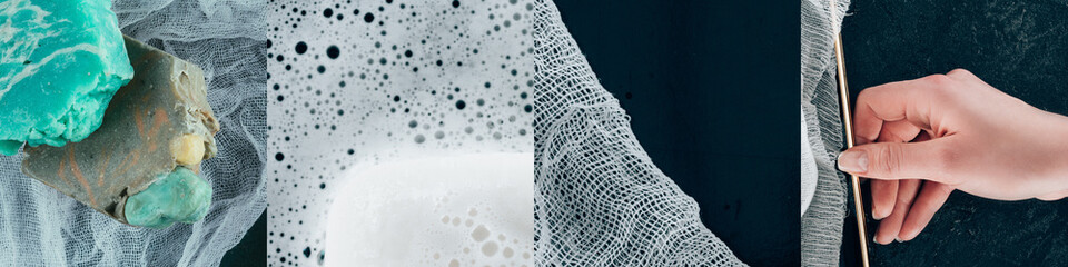collage of woman hand, cheesecloth and organic soap isolated on black