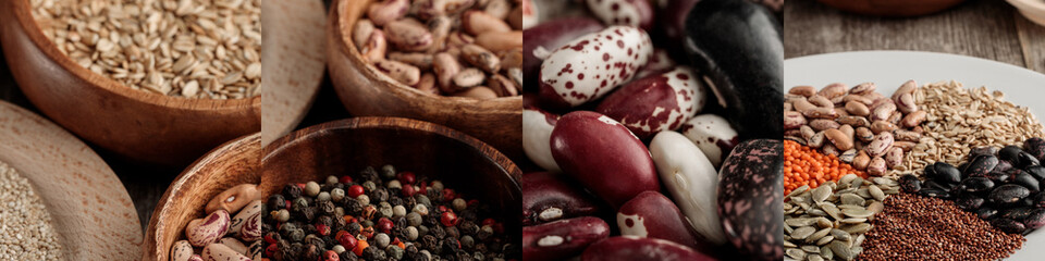 collage of different groats on wooden rustic table