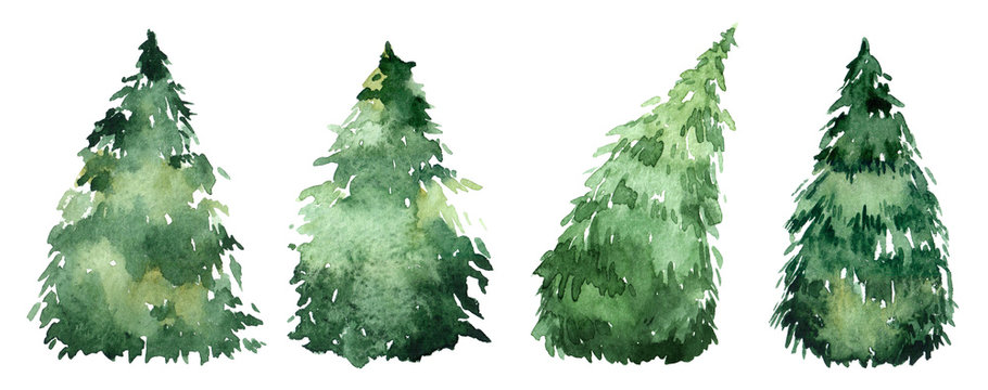 Set of watercolor christmas trees, hand drawn on a white background. Christmas card.