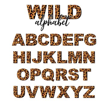 Vector capital letter alphabet with wild leopard skin print isolated on white background. Letters of Alphabet of African wild animal realistic skin. 3 d font for logo, print, posters, invitation.