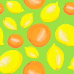 Seamless bright pattern with cute lemons and oranges on a green background. Drawn with hands gouache on paper. With brush strokes and texture.