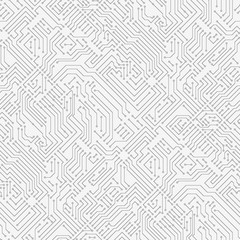 Computer circuit board texture. Seamless technology pattern. Abstract illustration of silicon chip. Digital tech background in black and white colors.