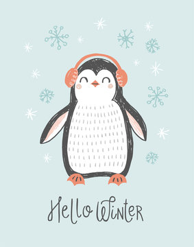 Christmas penguin vector illustration. Cute hand drawn penguin in winter earmuffs with snowflakes. Winter holiday greeting card design.