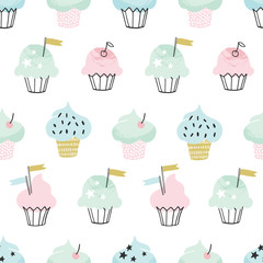 Hand drawn cute cupcake vector pattern. Cupcakes seamless background for party, birthday, greeting cards, gift wrap, stationery. 