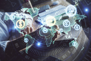 Financial forex charts displayed on woman's hand taking notes background. Concept of research. Double exposure