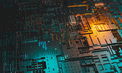 Abstract high tech electronic PCB (Printed circuit board) background in blue and orange color. 3d illustration background