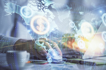 Obraz premium Double exposure of forex graph with man working on computer on background. Concept of market analysis.