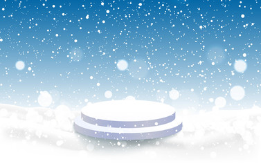 white podium with snowfall background