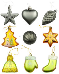 Set of 9 Christmas tree ornaments of yellow, green and dark gray colors: star, heart, fir cone, ball, tree with a snowman, hat, mitten, boot. Isolated on white background