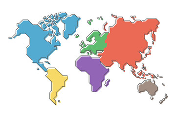 World map with multicolor continent and modern simple cartoon line design