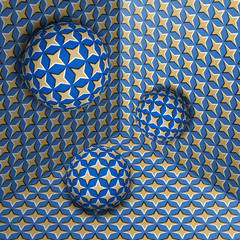 Three spheres move in corner. Optical illusion abstraction of starry pattern.