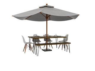 White umbrella for restaurant on central support with table 3D render on white background no shadow