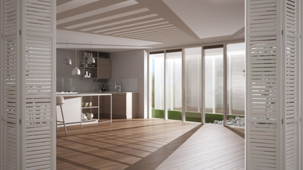 White folding door opening on modern white kitchen with wooden details and parquet floor, white interior design, architect designer concept, blur background