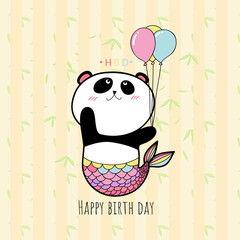 cute panda mermaid holding a balloons with pastel colors