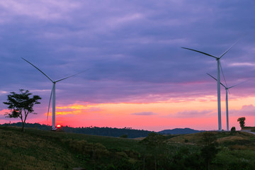 Fototapeta na wymiar Turbine wind power Scenic and landscape area agriculture at twilight time Located in the Khao Kho district, Phetchabun province of Thailand